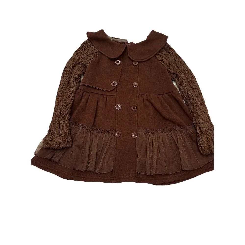 Trish Scully Girls Brown Sweater Coat Dress Size 3 Fleece Lined Tulle Trim‎ Cozy